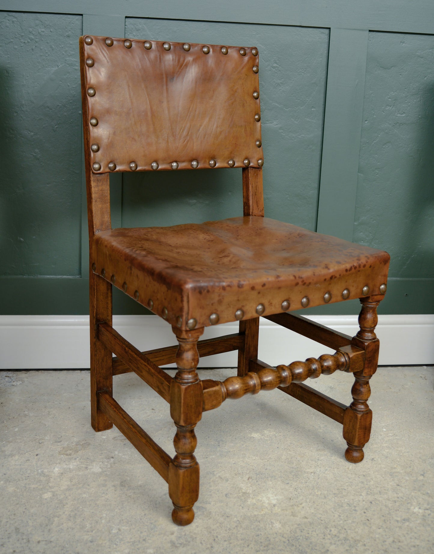 6 Oak Leather Dining Chairs - Cromwellian Style