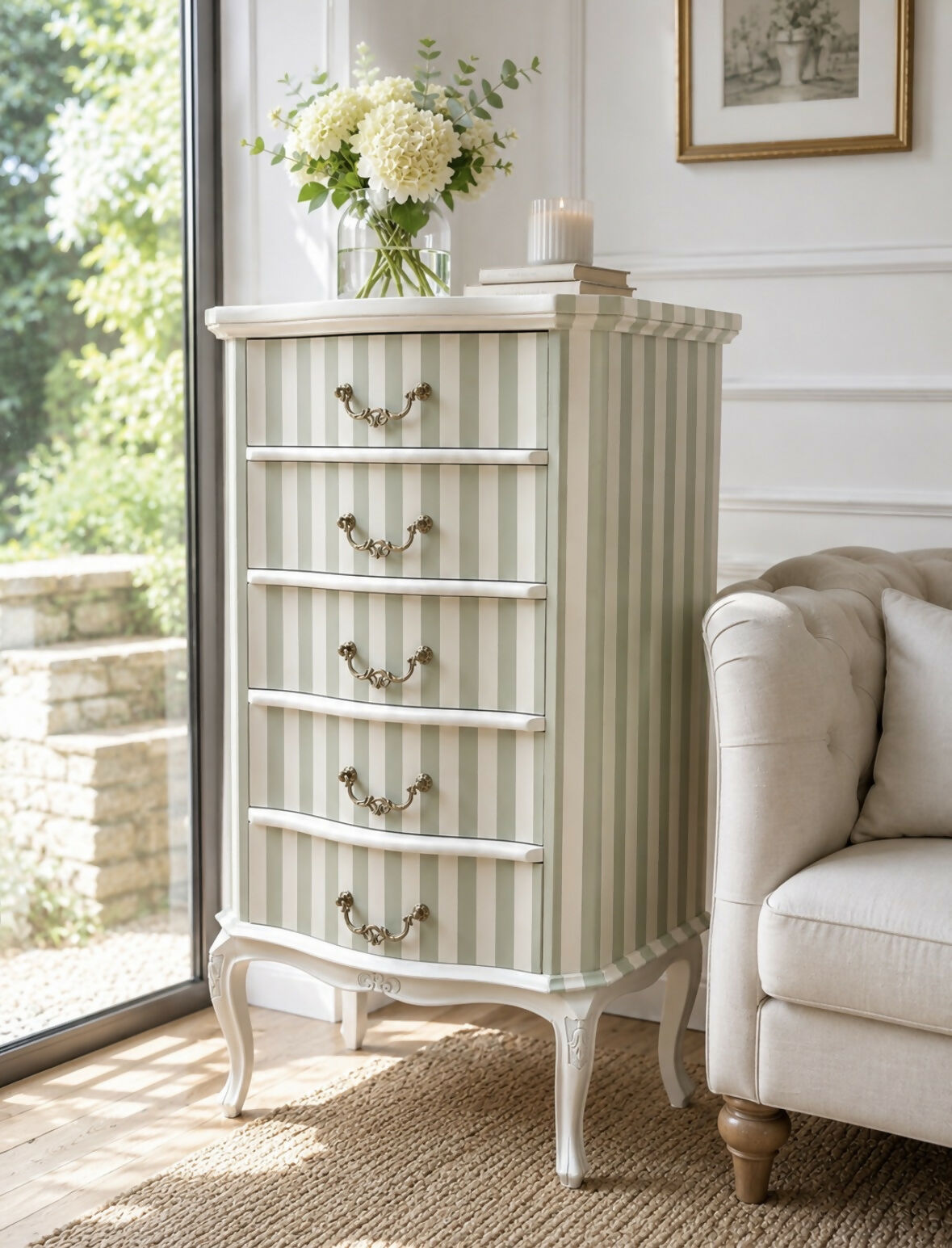Elegant Hand-Painted French Tallboy Chest of Drawers | Sage Green & Ivory Stripe | Vintage Style