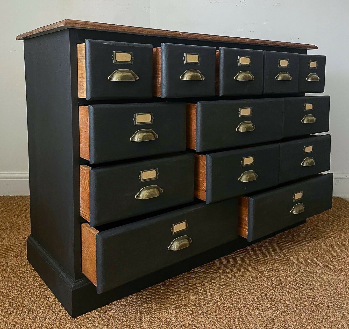 4ft Apothecary haberdashery "style" merchant bank chest of drawers sideboard Solid pine ebonized black x13 drawers