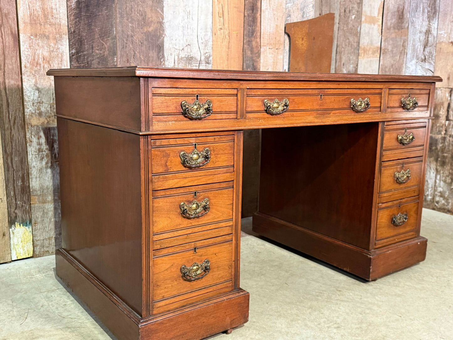 Antique Mid Victorian Walnut and Mahogany Embossed Leather Twin Pedestal Writing Desk, c.1860