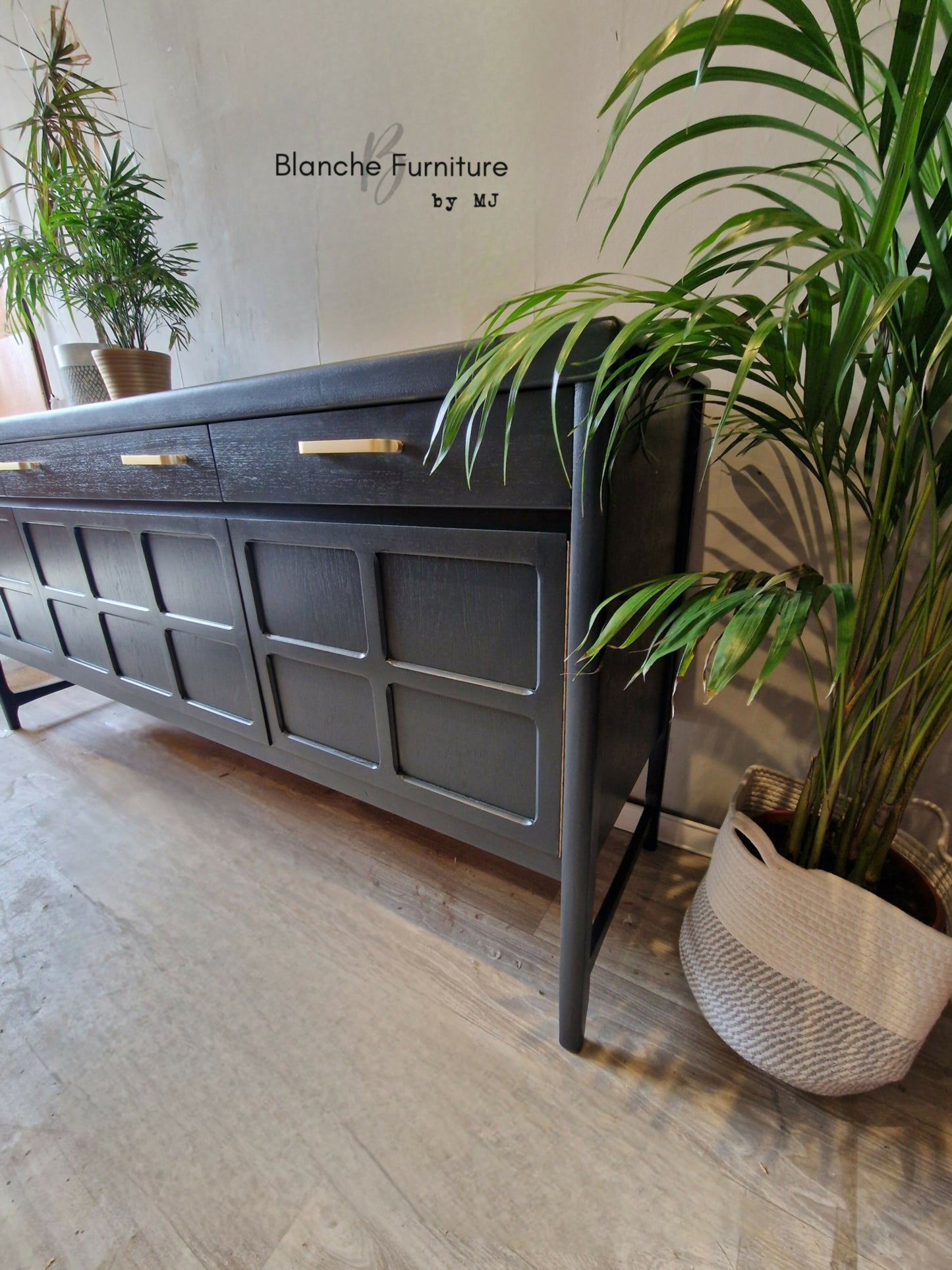 Large Mid Century Nathan Sideboard in Grey and Gold Handles