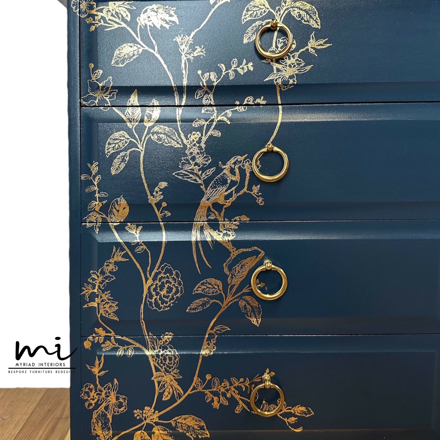 Pretty Refurbished Stag Minstrel 4 drawer bedside tables, navy blue with gold foil design, bird song, nightstands, vintage, blossom art deco