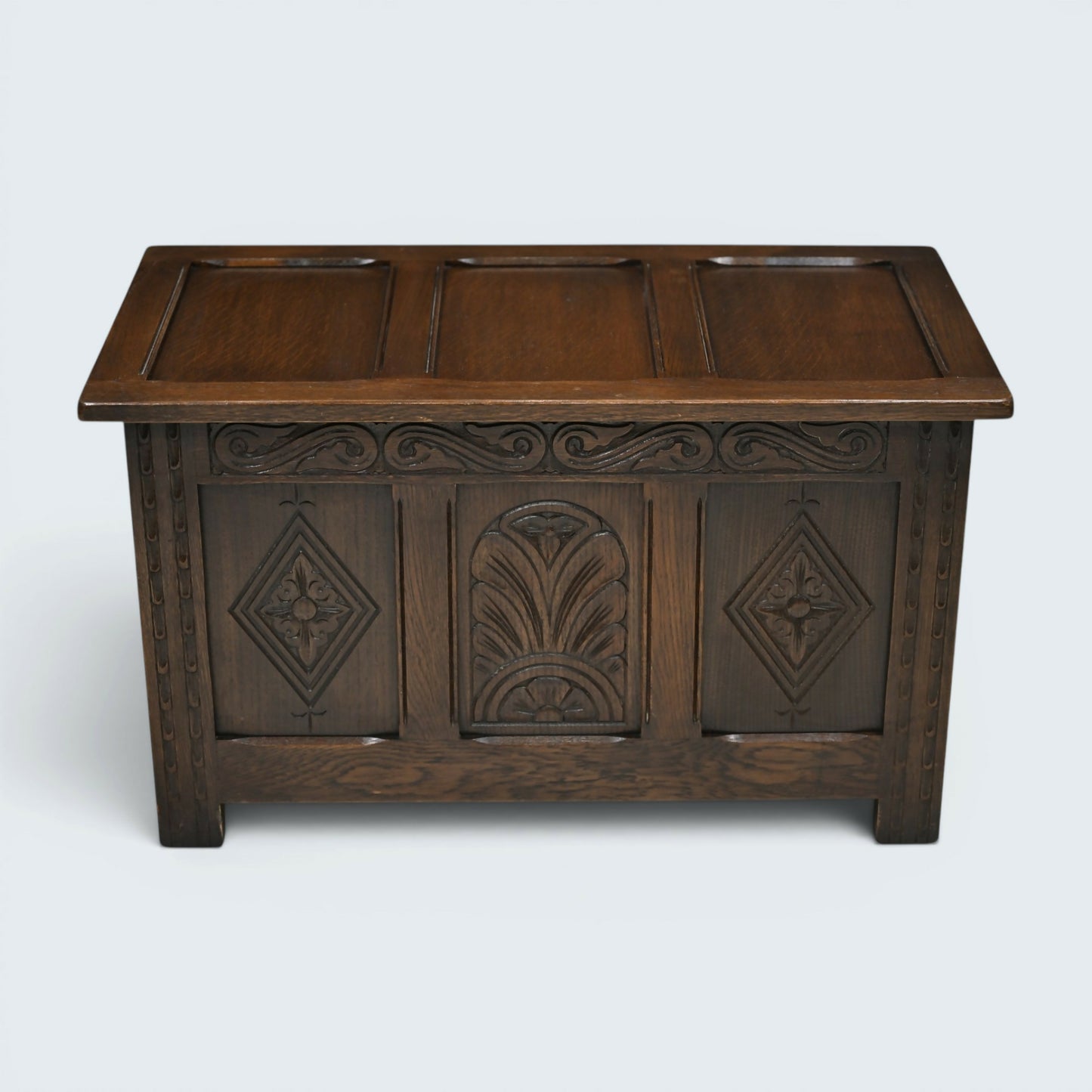 Oak Blanket Box / Coffee Table Carved Front Traditional Finish FREE UK Delivery