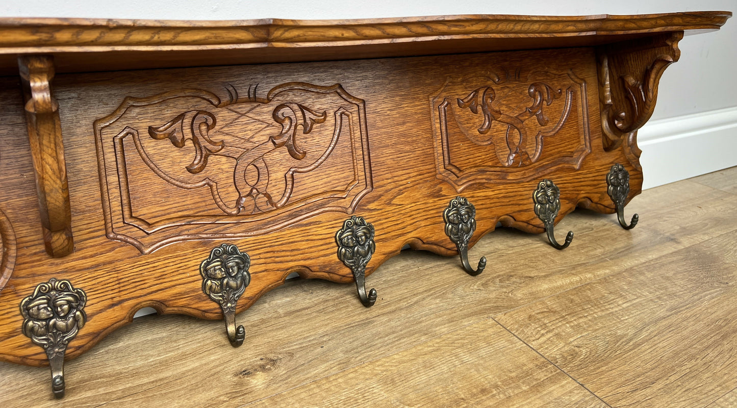 Coat Rack Vintage French Carved Oak Wall Mounted 6 Hooks Rack Hanger LOT 6227