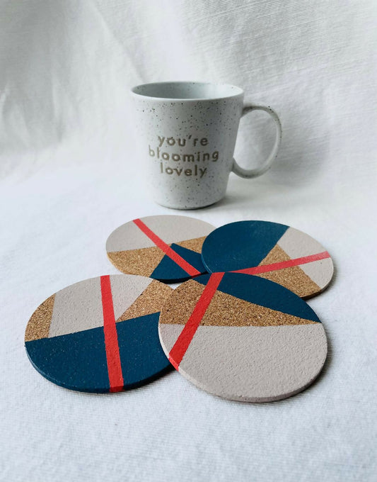 SOLD Set of 4 Cork Coasters - Hand Painted Geometric/Modern Design (Blue/Grey/Coral)