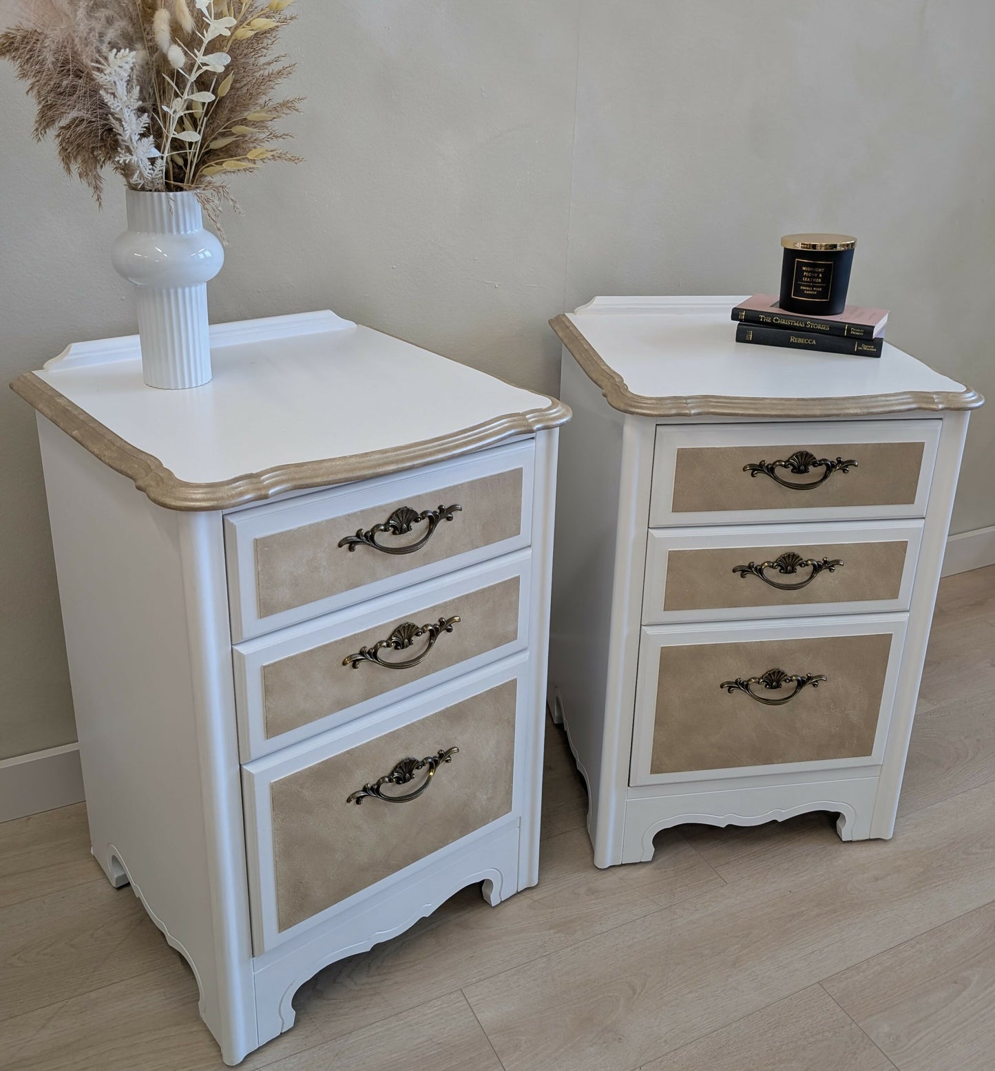 Pair of Vintage Bedside Cabinets in White with Metallic Champagne Detailing
