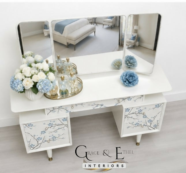 PAINT TO ORDER- G plan triple mirror floral dressing table in white
