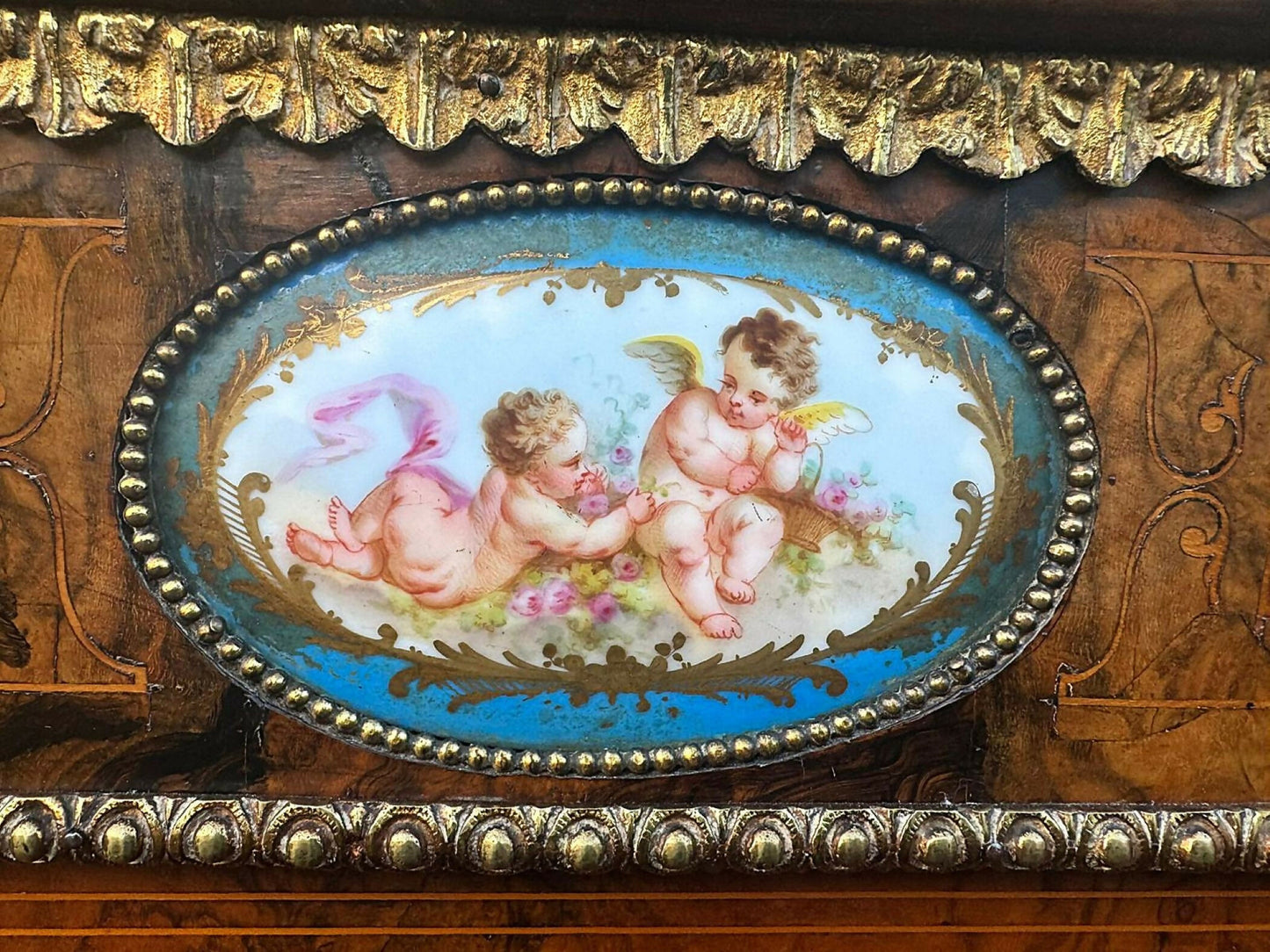 Victorian Inlaid Walnut Credenza Featuring Sevres Style Plaques