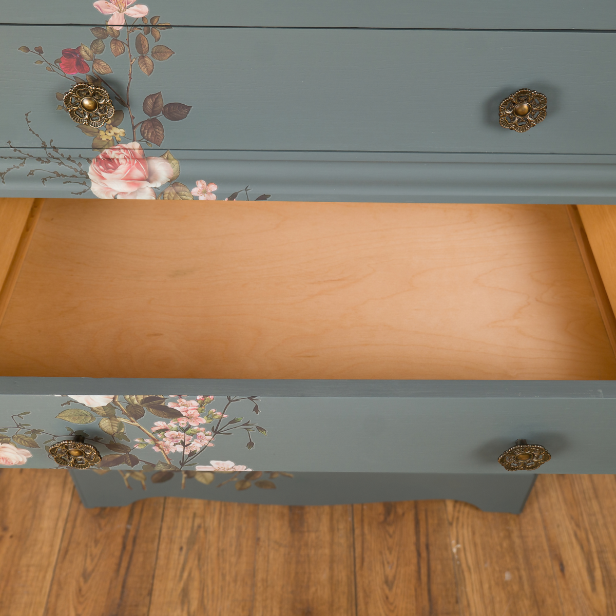 Floral Upcycled Chest of Drawers, Blue Grey Vintage Dresser, Painted Furniture