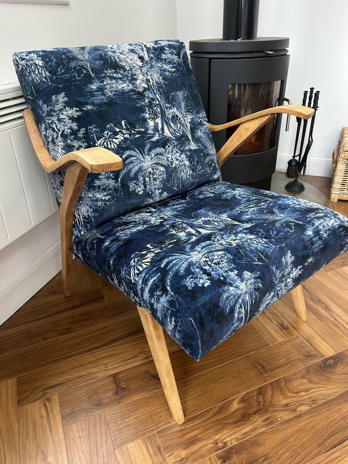 Mid-Century Armchair with Sculptural Oak Frame, Reupholstered in Linwood Velvet, c.1950s