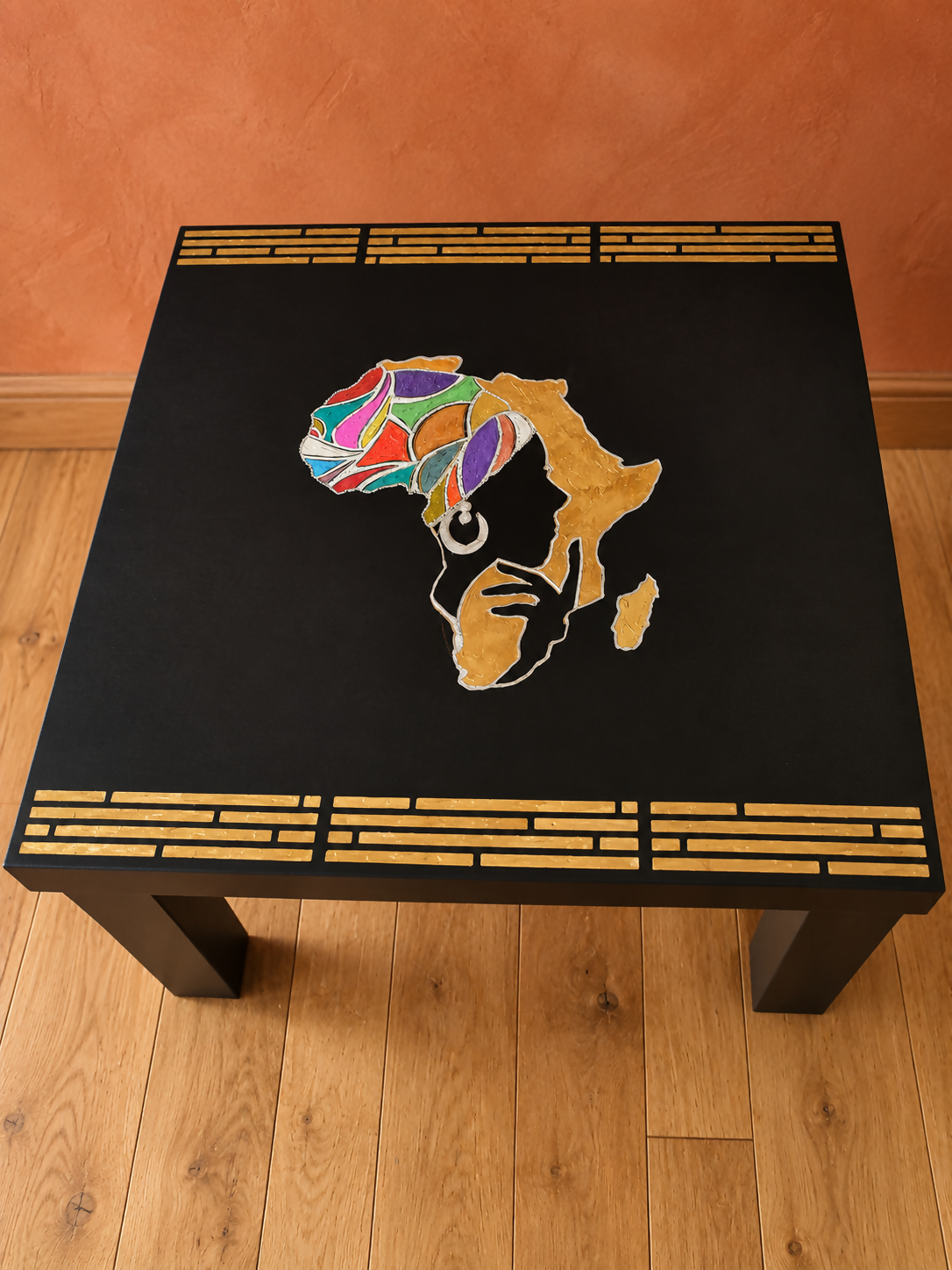 THE AFRICAN ASPECTS UPCYCLED - ONE-OFF FURNITURE ART Black table with stunning African woman/map feature -Giving furniture a second life with soul