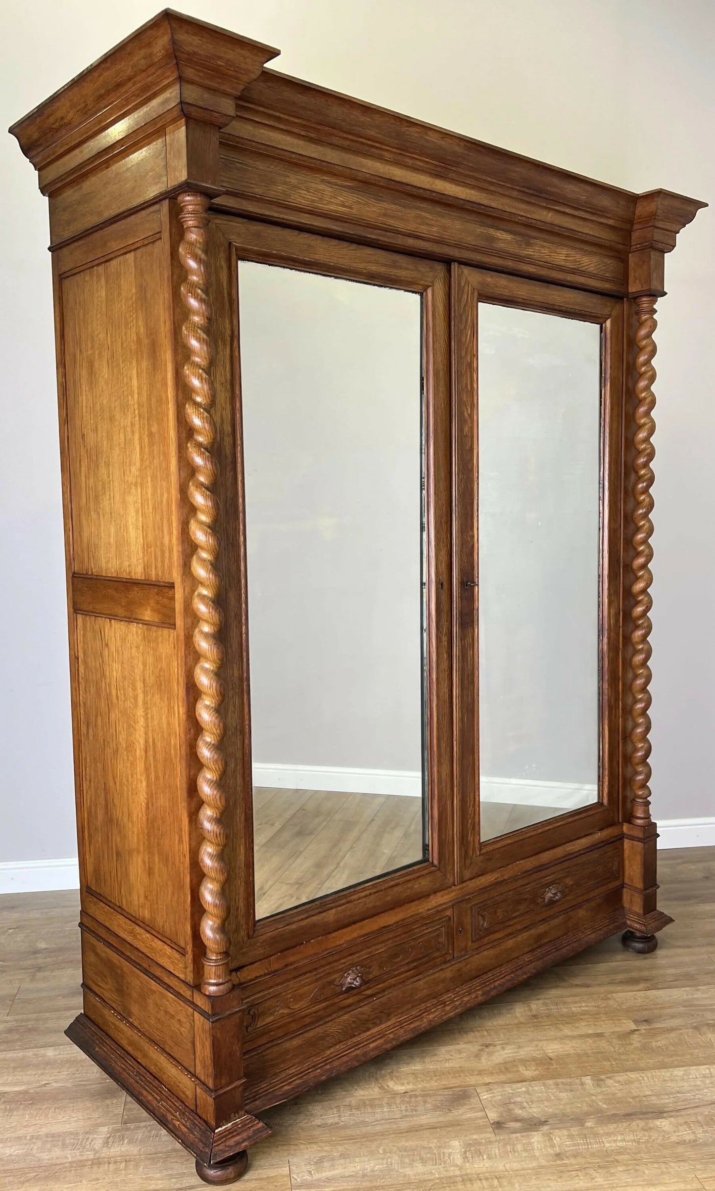 Vintage Wardrobe French Oak Two Door Mirrored Carved Armoire Cabinet LOT 6124