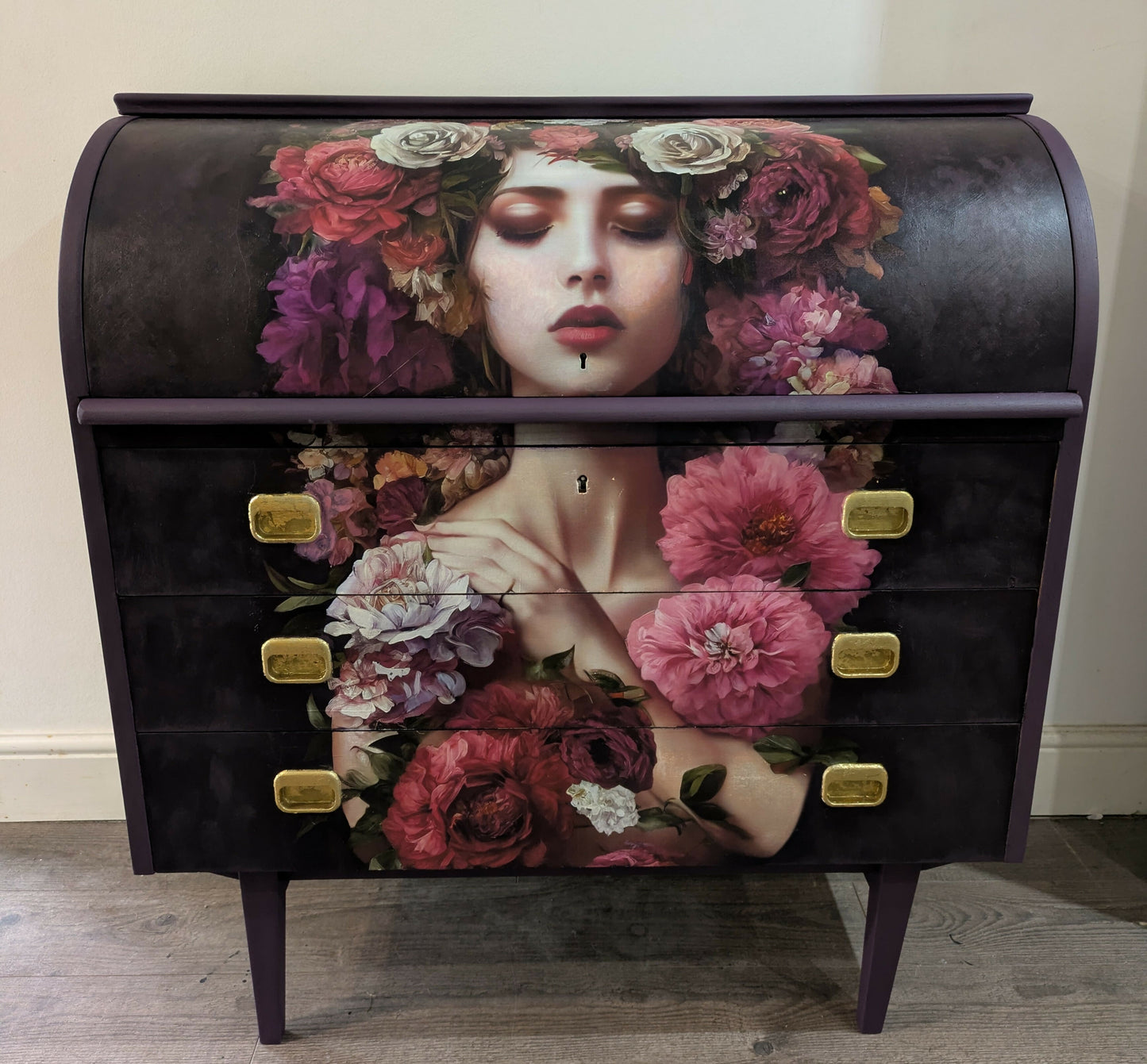 Hand‑Painted Egon Ostergaard Roll‑Top Bureau – Floral Portrait Art Furniture