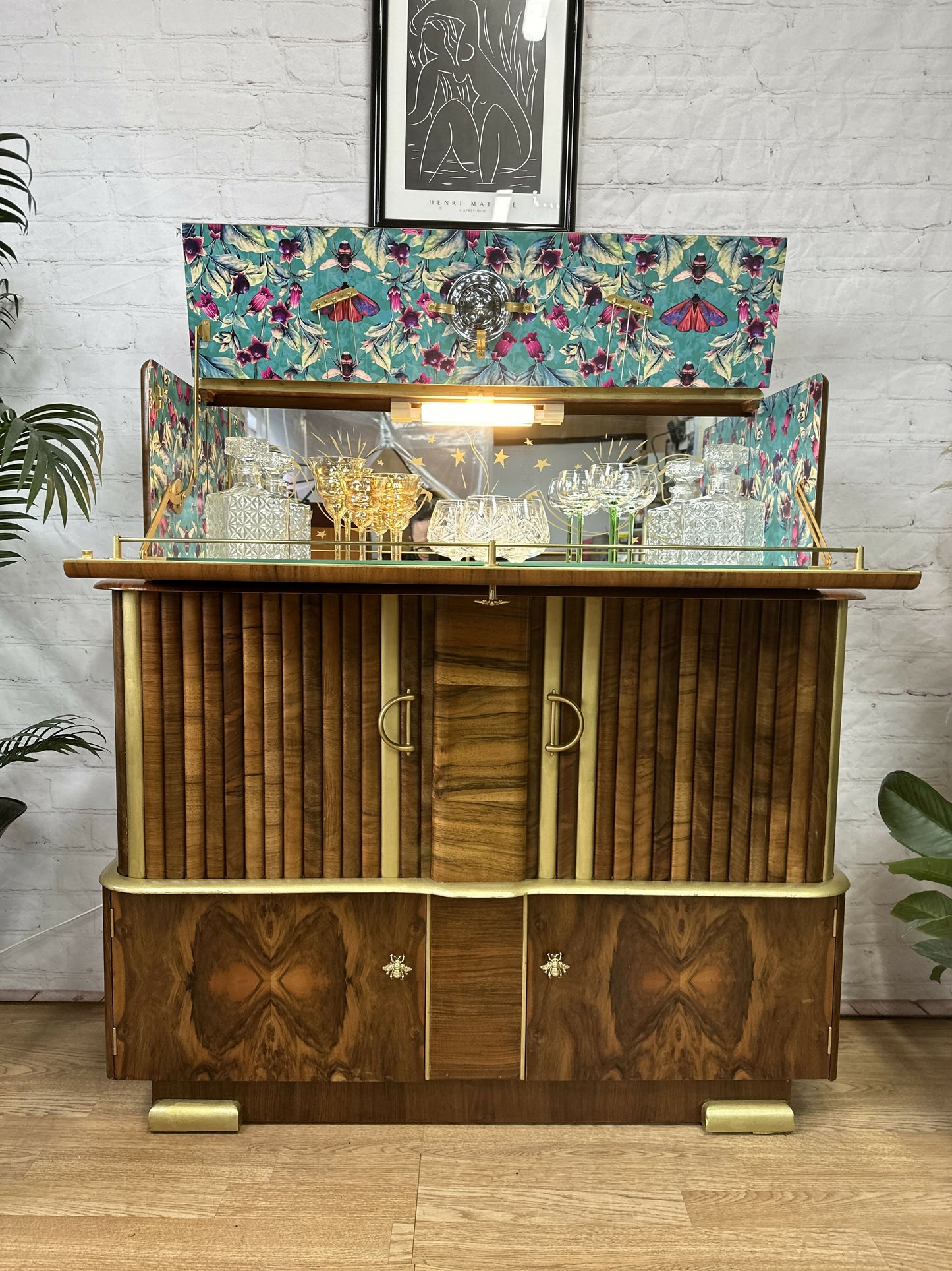 Cocktail Cabinet, Vintage Drinks Bar, Pink and Gold,1950’s Drinks Unit, Retro Bar, Walnut MADE TO ORDER