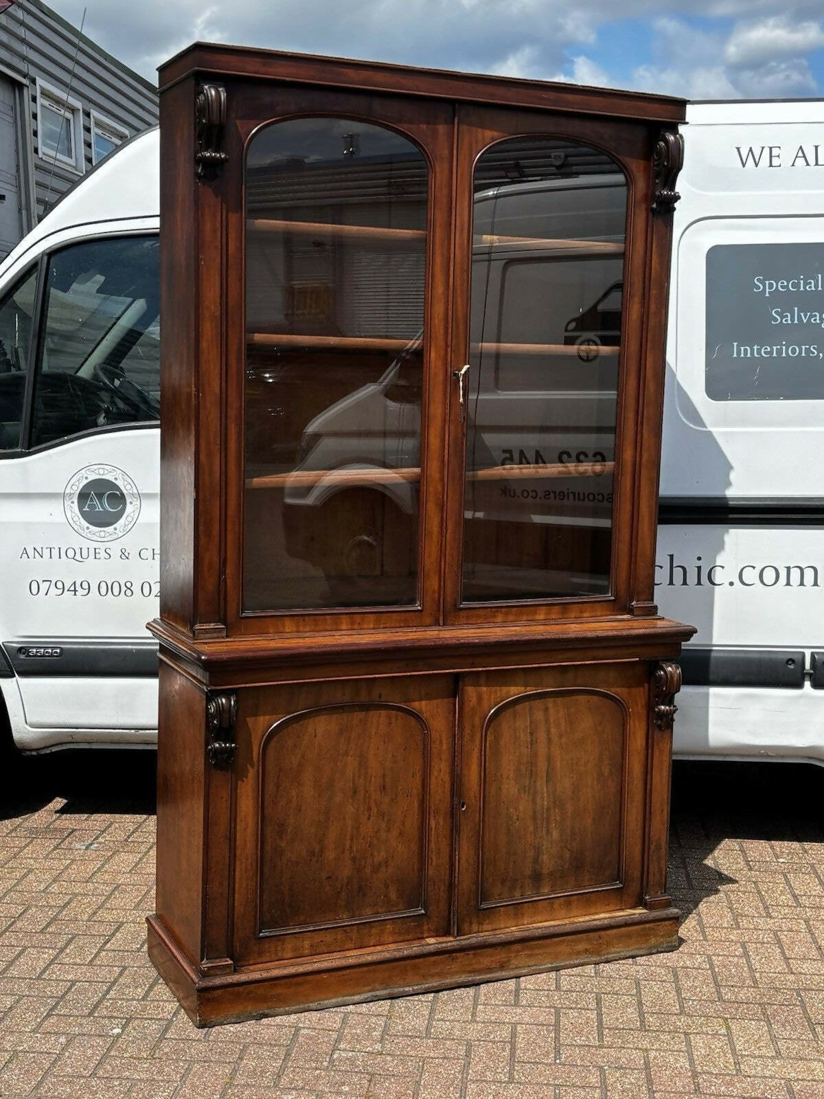 Victorian Vintage Mahogany Bookcase, Adjustable Shelves, Cupboards To Base