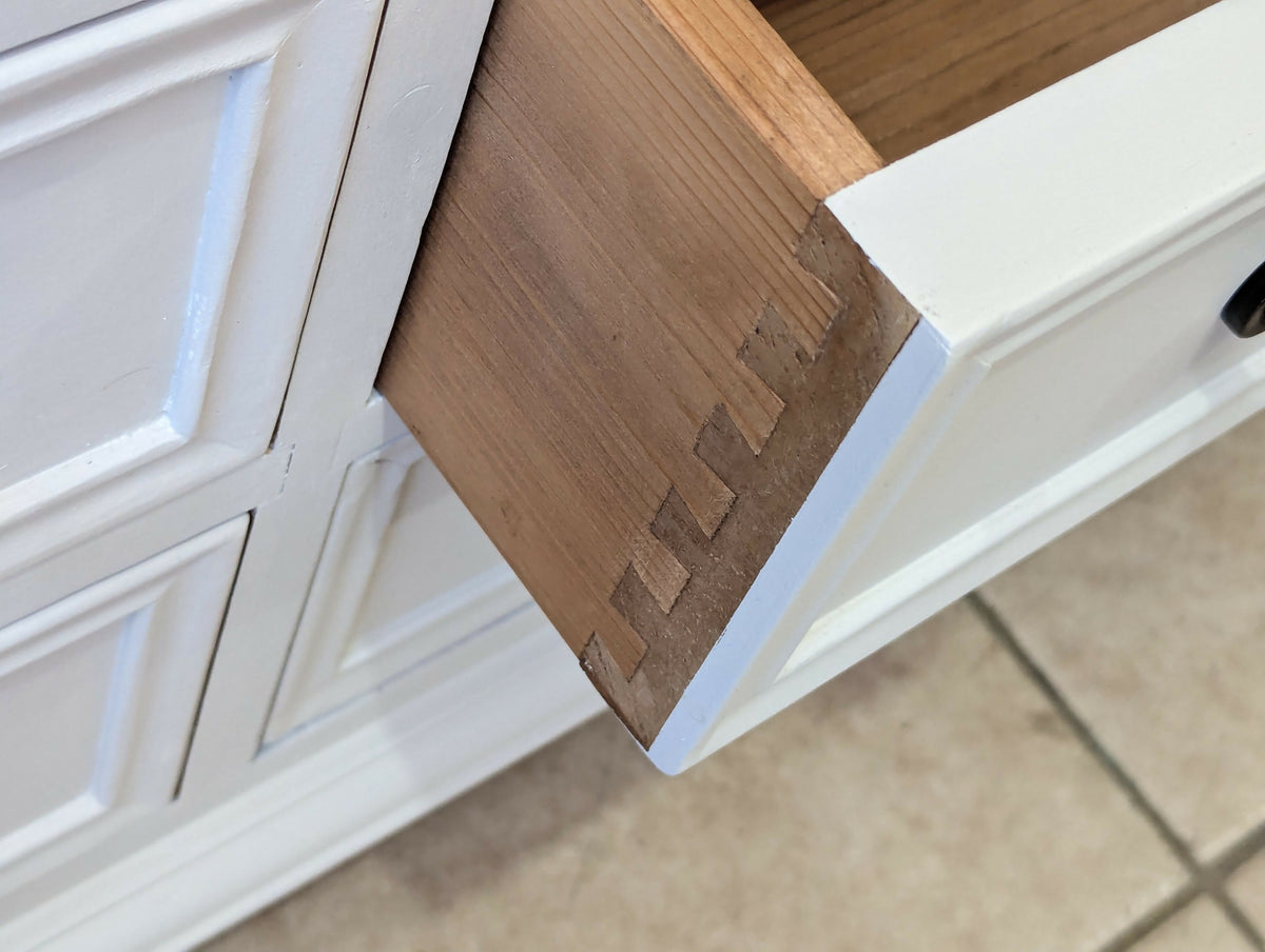 Solid pine rustic off white taupe chest of drawers merchant low boy sideboard