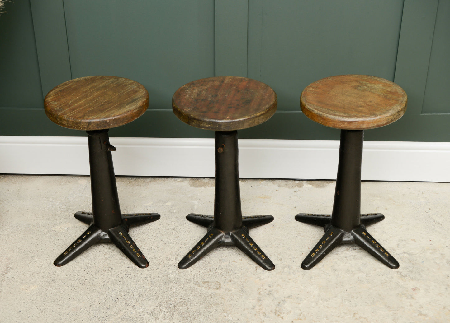 3 Antique Singer Sewing Machinists Stools - Cast Iron - Adjustable Height