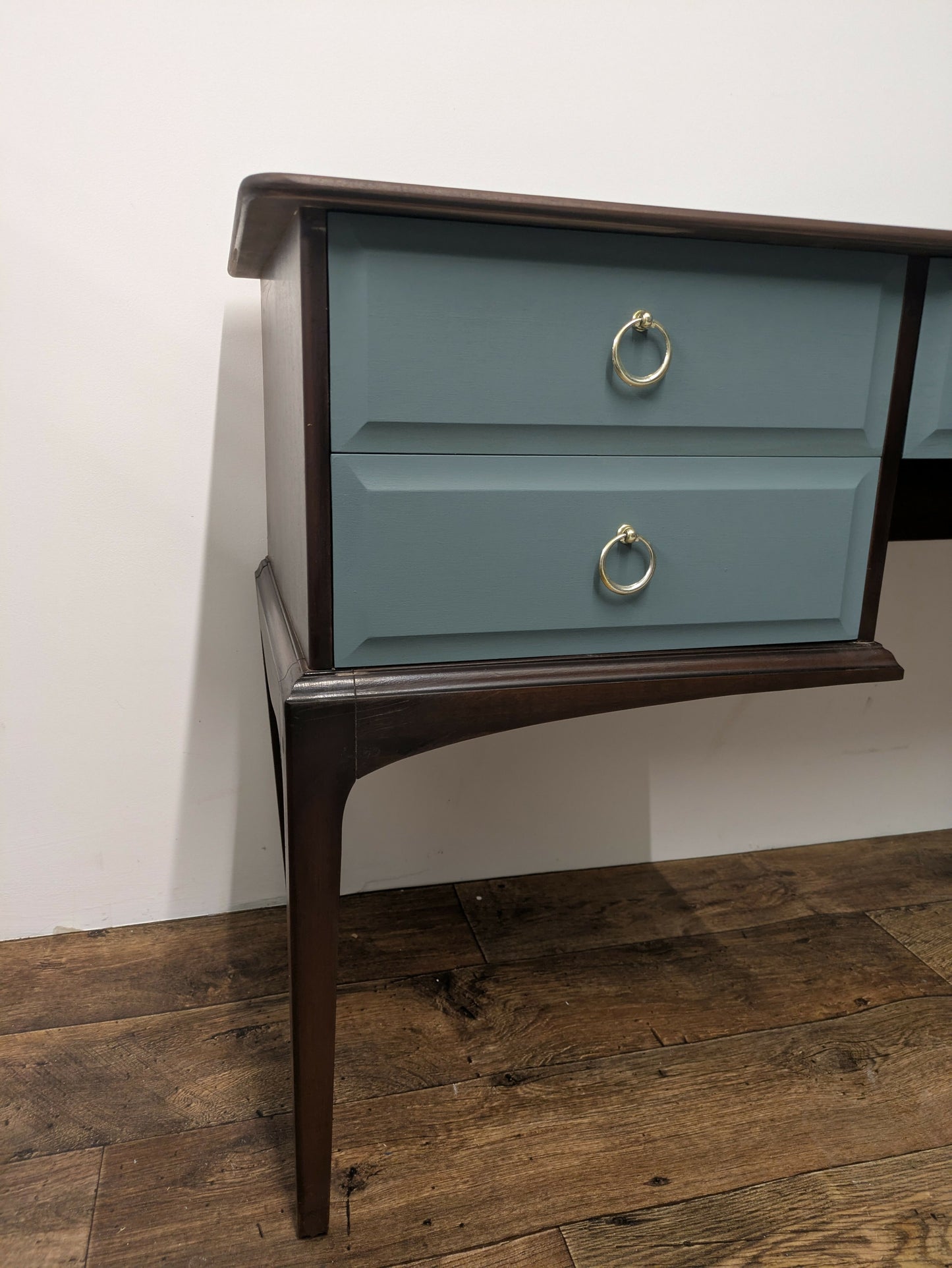 Vintage Stag Minstrel Dressing Table, Desk Dark Wood and Green Blue. Painted Upcycled Furniture