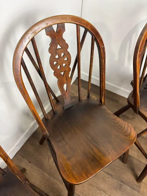 Vintage Set Of Four Oak Wheelback Dining Chairs