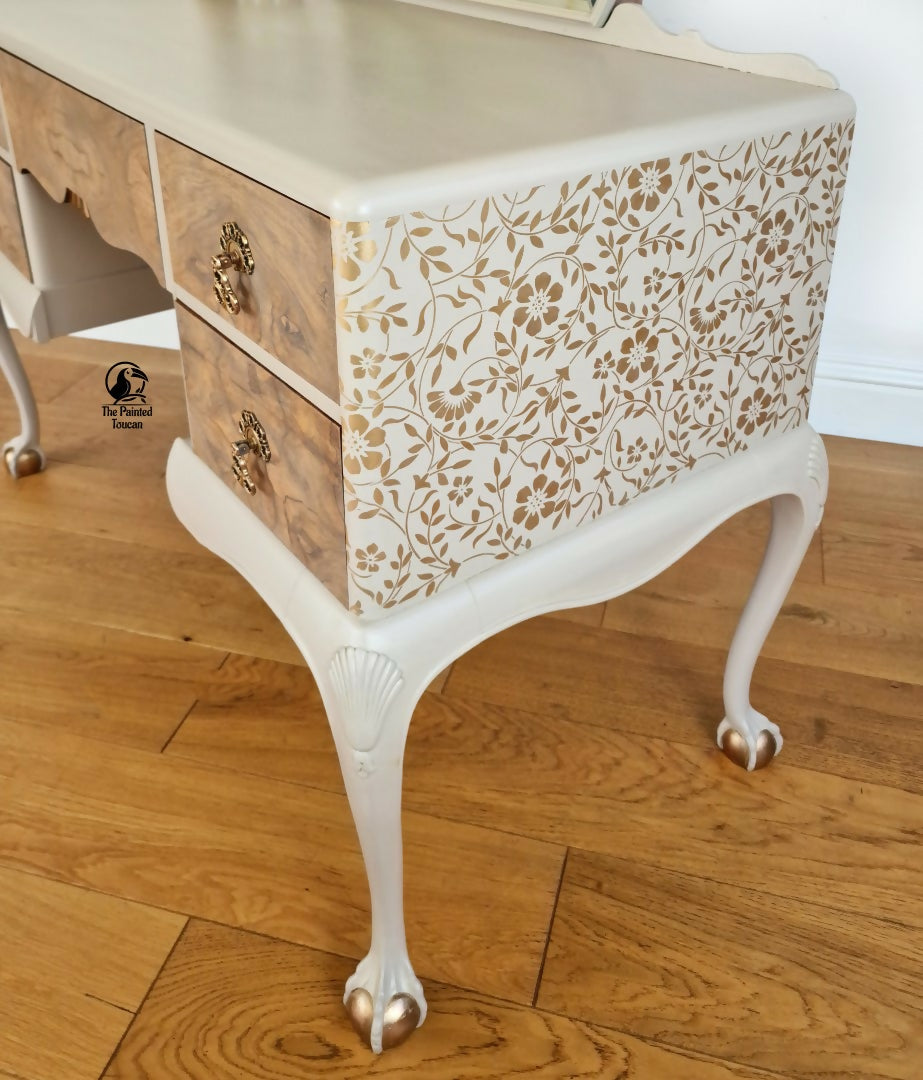 Vintage Taupe Dressing Table with Mirror and Queen Anne legs