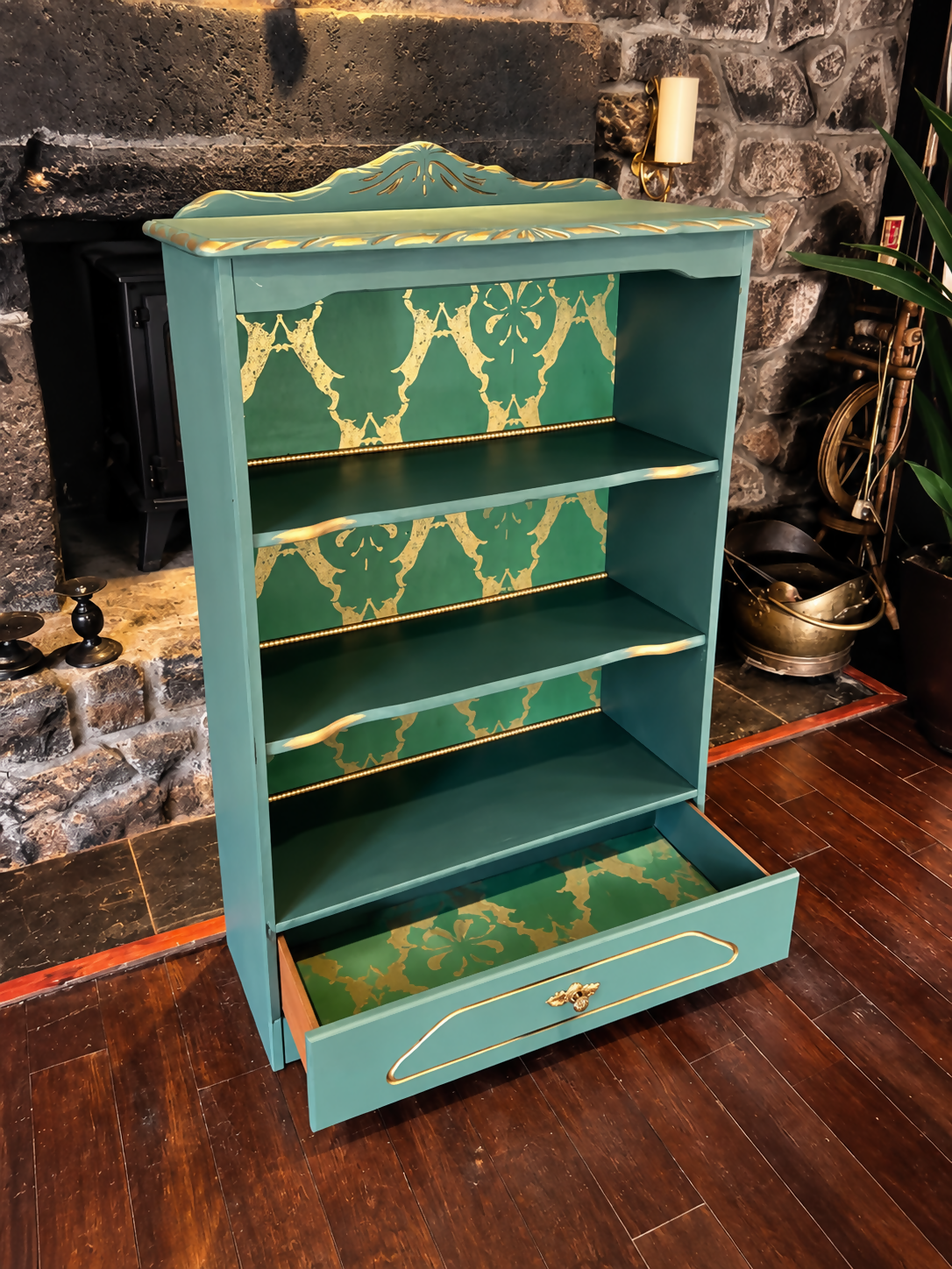 Upcycled Vintage Green & Gold Woodland 'Boxing Hares' Patterned Statement Bookcase