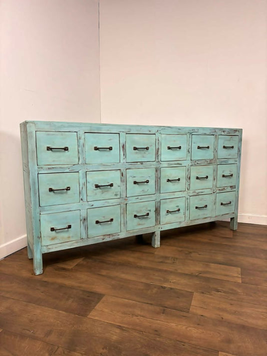 Vintage Indian Reclaimed Rustic Sideboard With 18 Drawers - In Duck Egg Blue