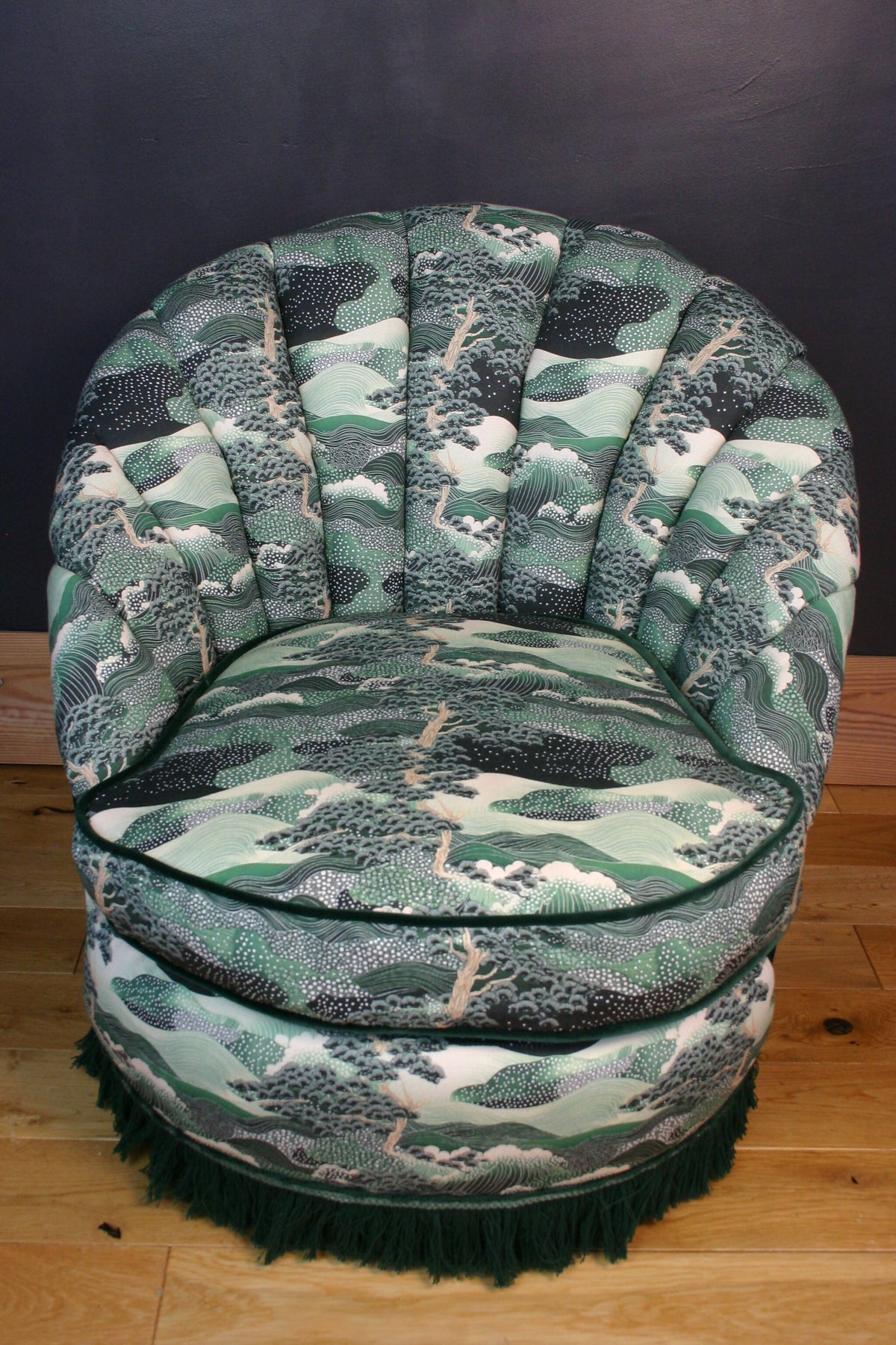 1960s Vintage Fluted Back Chair – Completely Reupholstered in Japanese-Inspired Designer Fabric