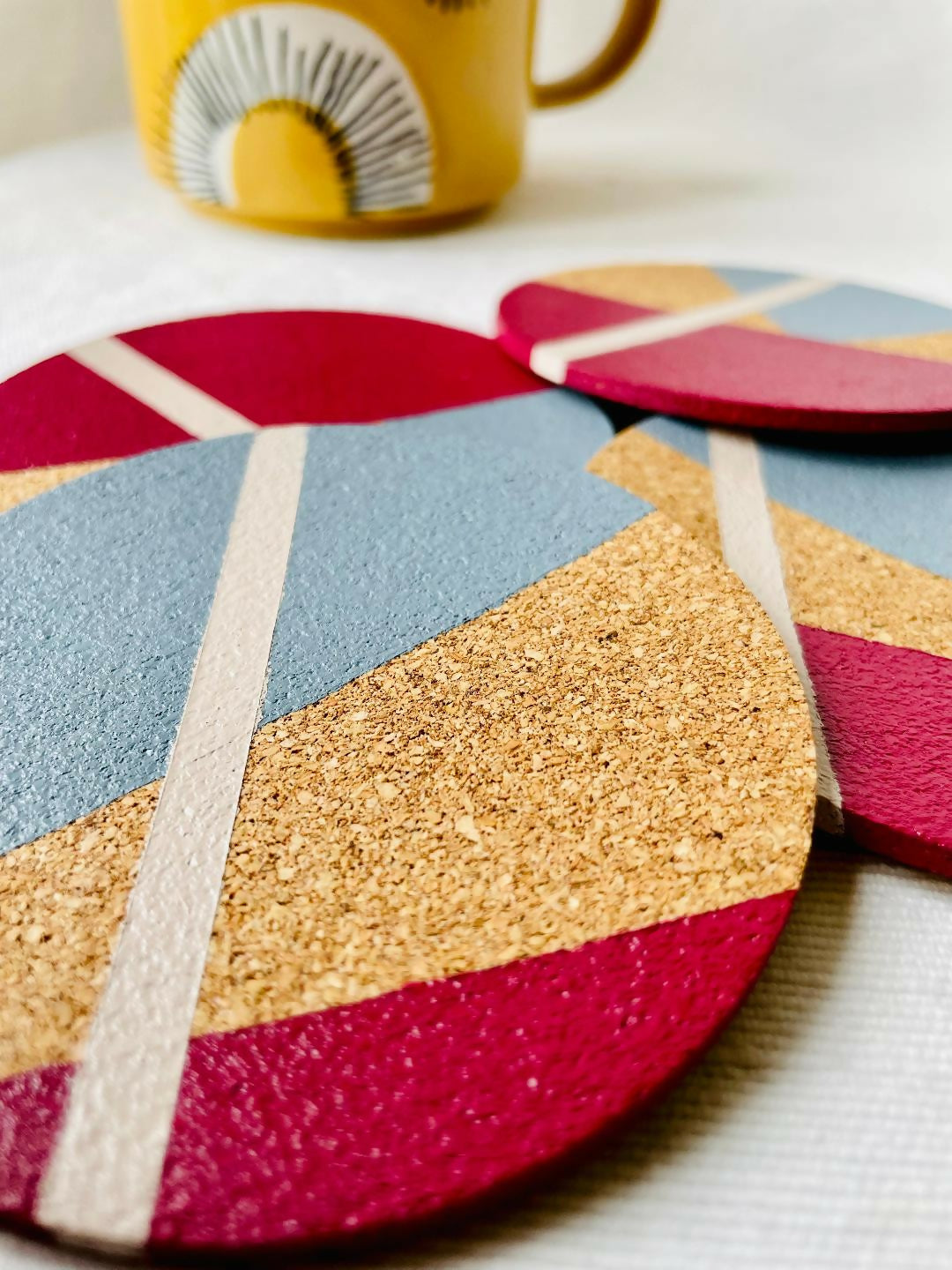 NOW SOLD Set of 4 Cork Coasters - Hand Painted Geometric/Modern Design (Blue/Crimson/White)