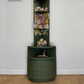 Refinished Nathan deep olive and neutral floral corner cabinet, cupboard, sideboard, shelves drinks cabinet