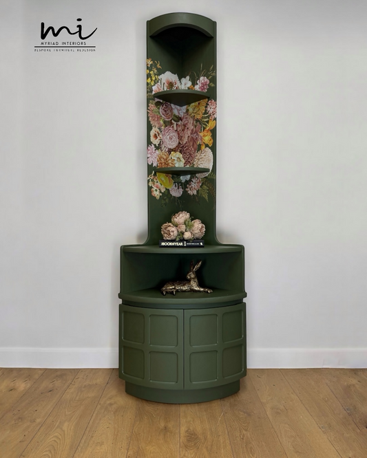 Refinished Nathan deep olive and neutral floral corner cabinet, cupboard, sideboard, shelves drinks cabinet