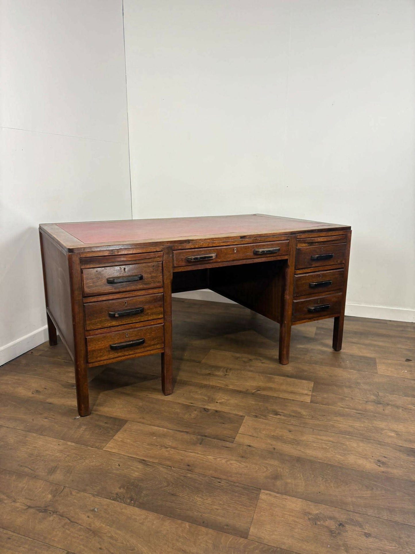 Mid Century Oak Kneehole Twin Pedestal Desk