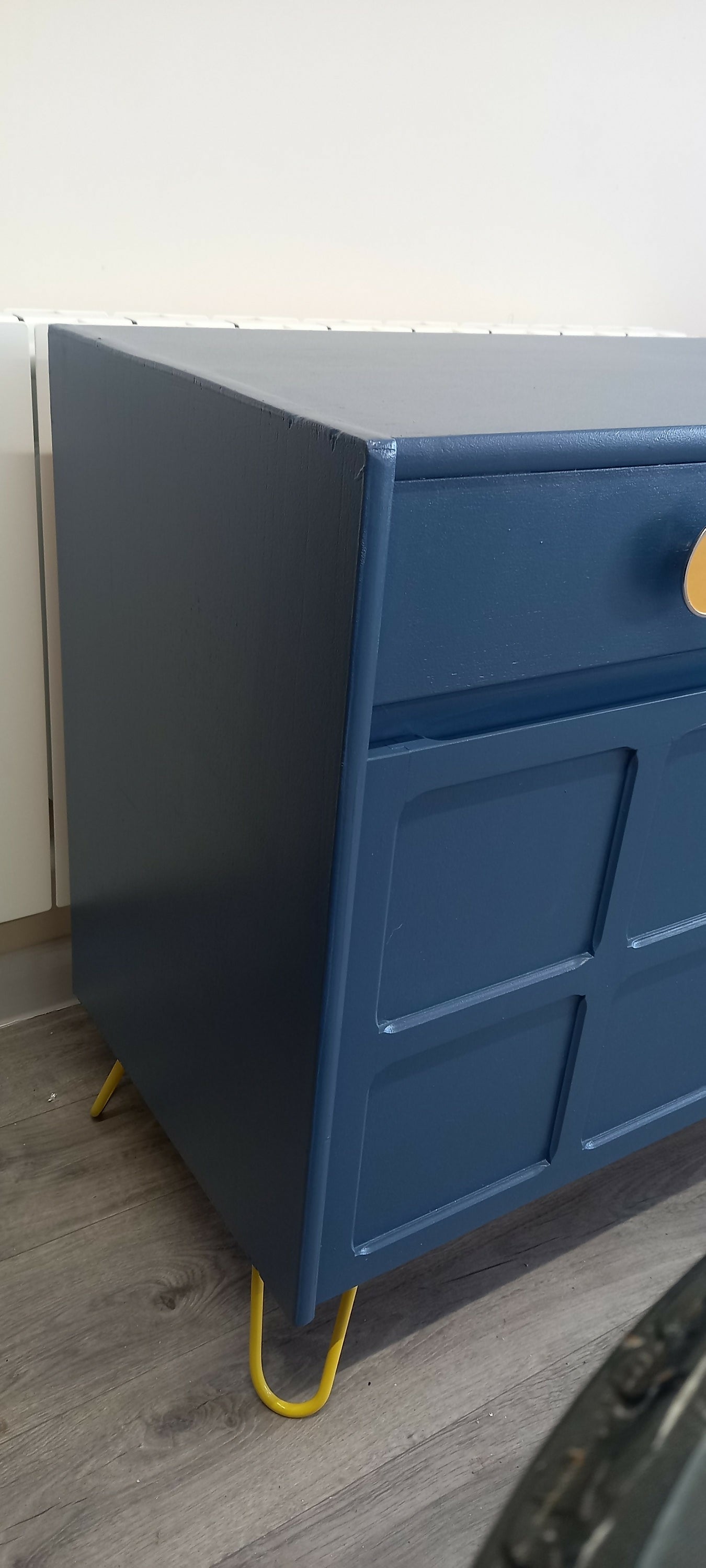 Midcentury Retro Nathan Squares Sideboard. Blue Yellow Painted Upcycled TV Cabinet Commission Piece