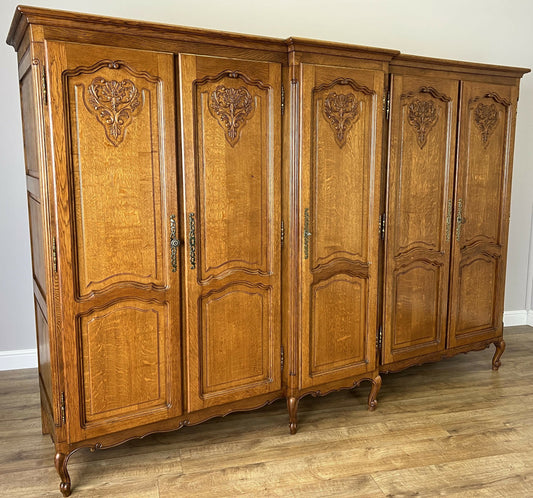 Wardrobe Vintage French Louis XVI Style Five Door Oak Carved Armoire LOT 4986