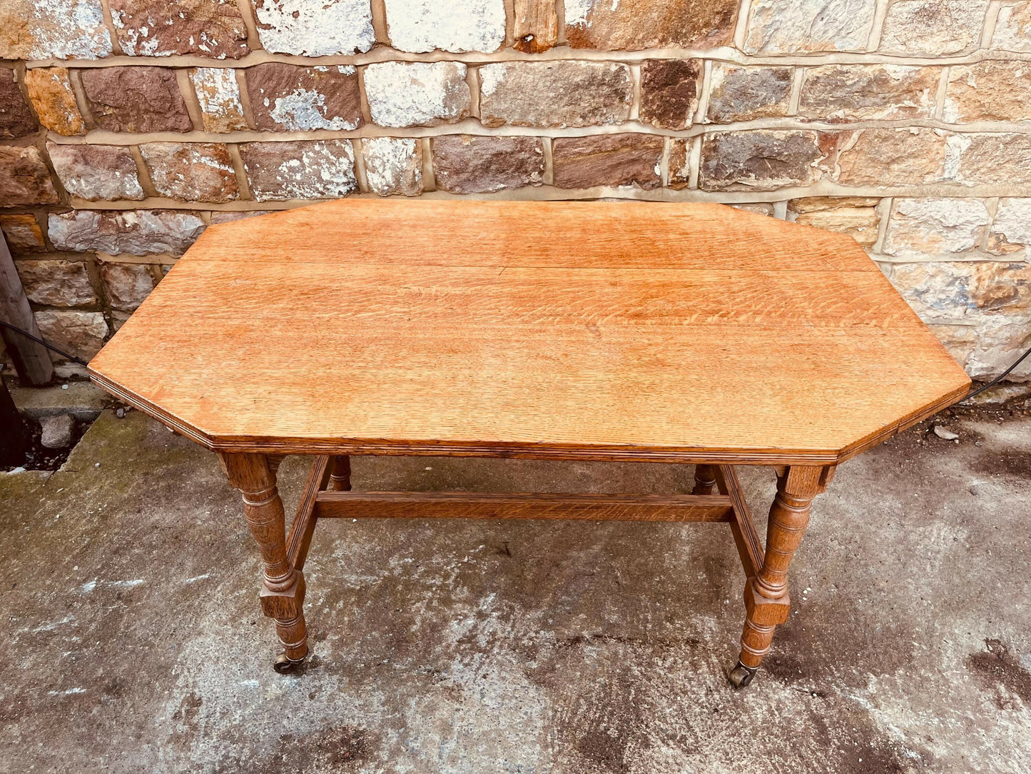 Antique Oak Occasional Table • Edwardian Tiger Oak Side Table on Castors • Octagonal Statement Table • Vintage Turned Leg Oak Table