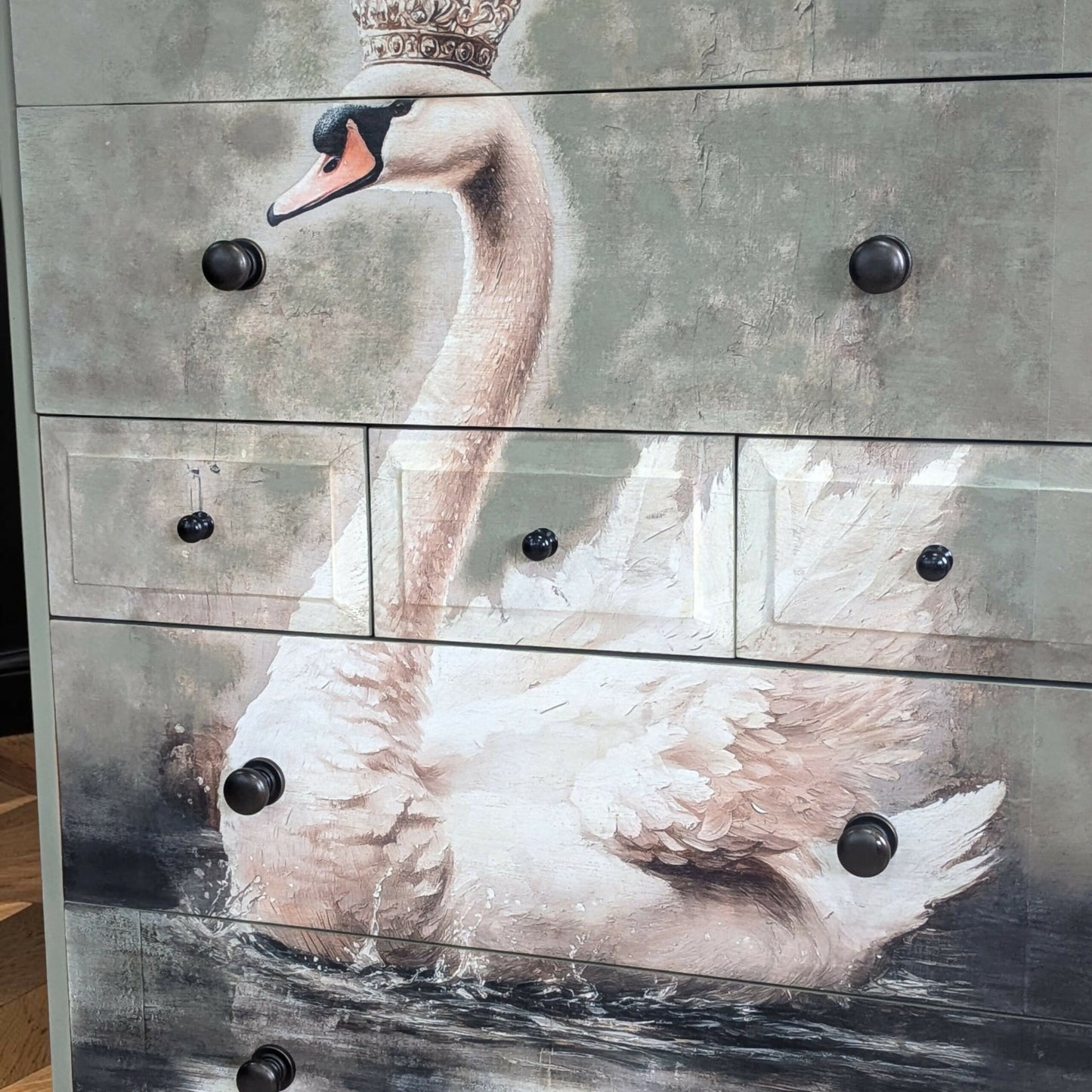 Vintage Stag sage green chest of drawers decoupage tallboy