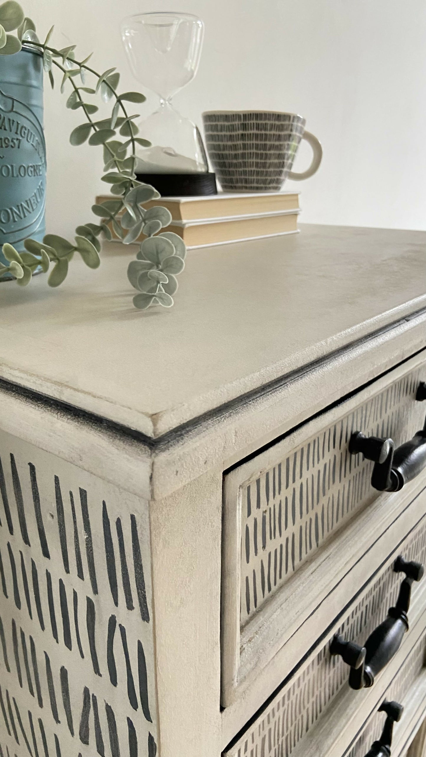 Hand-Painted Tallboy Chest of Drawers in Artisan Dash Pattern, Upcycled Furniture