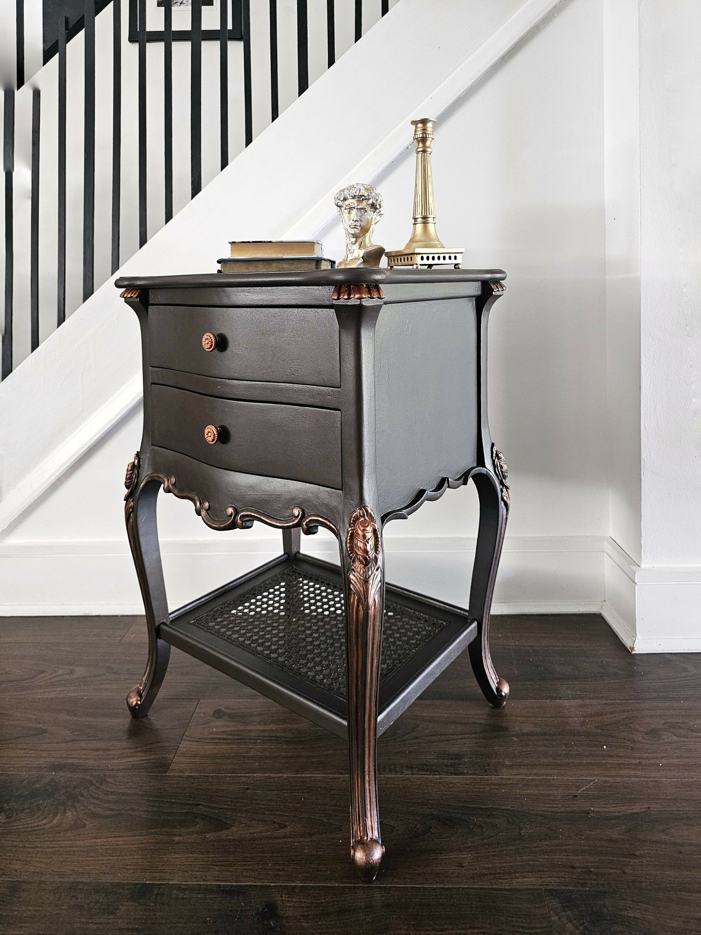 French Side Table Console Table Nightsta in Chocolate Colour with Copper Accents