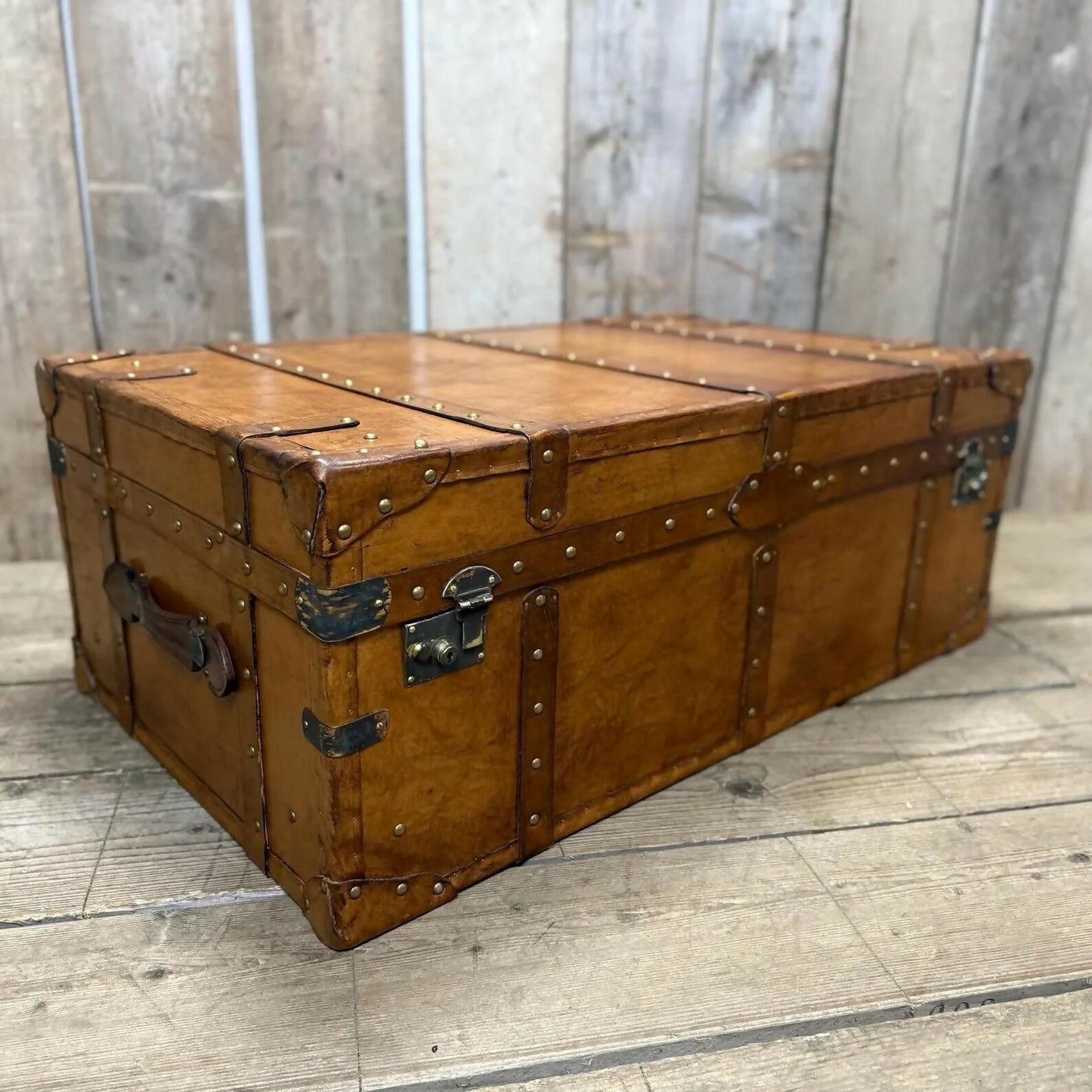 luxury tan leather coffee table trunk.