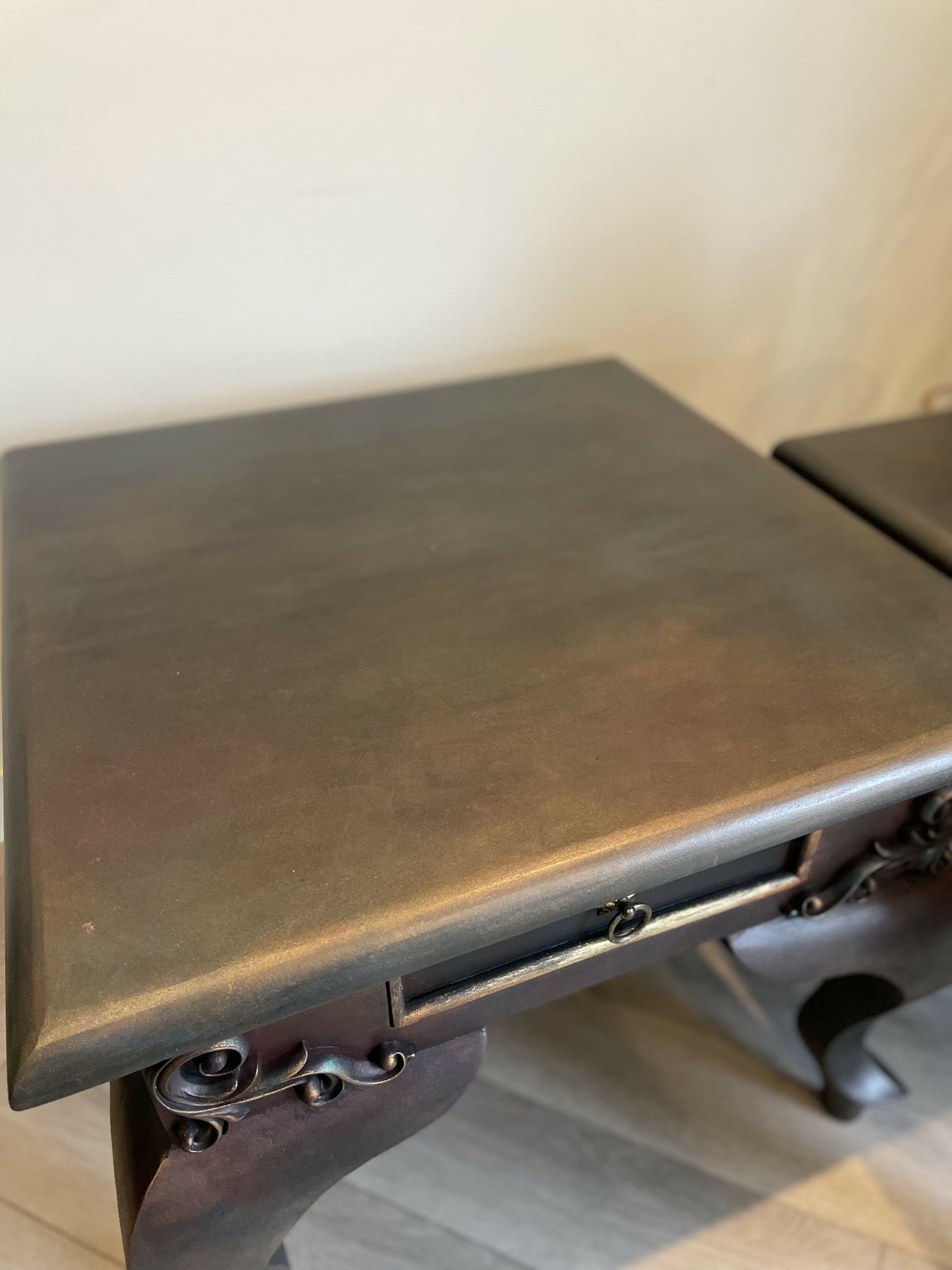 Vintage hand-painted side tables. Pair of french style bedside tables. Metallic finish
