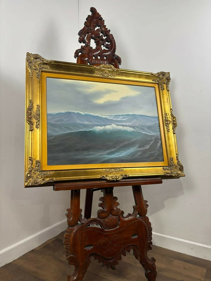 Oil on Canvas Seascape Painting – Signed “Sauli” – Ornate Gilt Frame