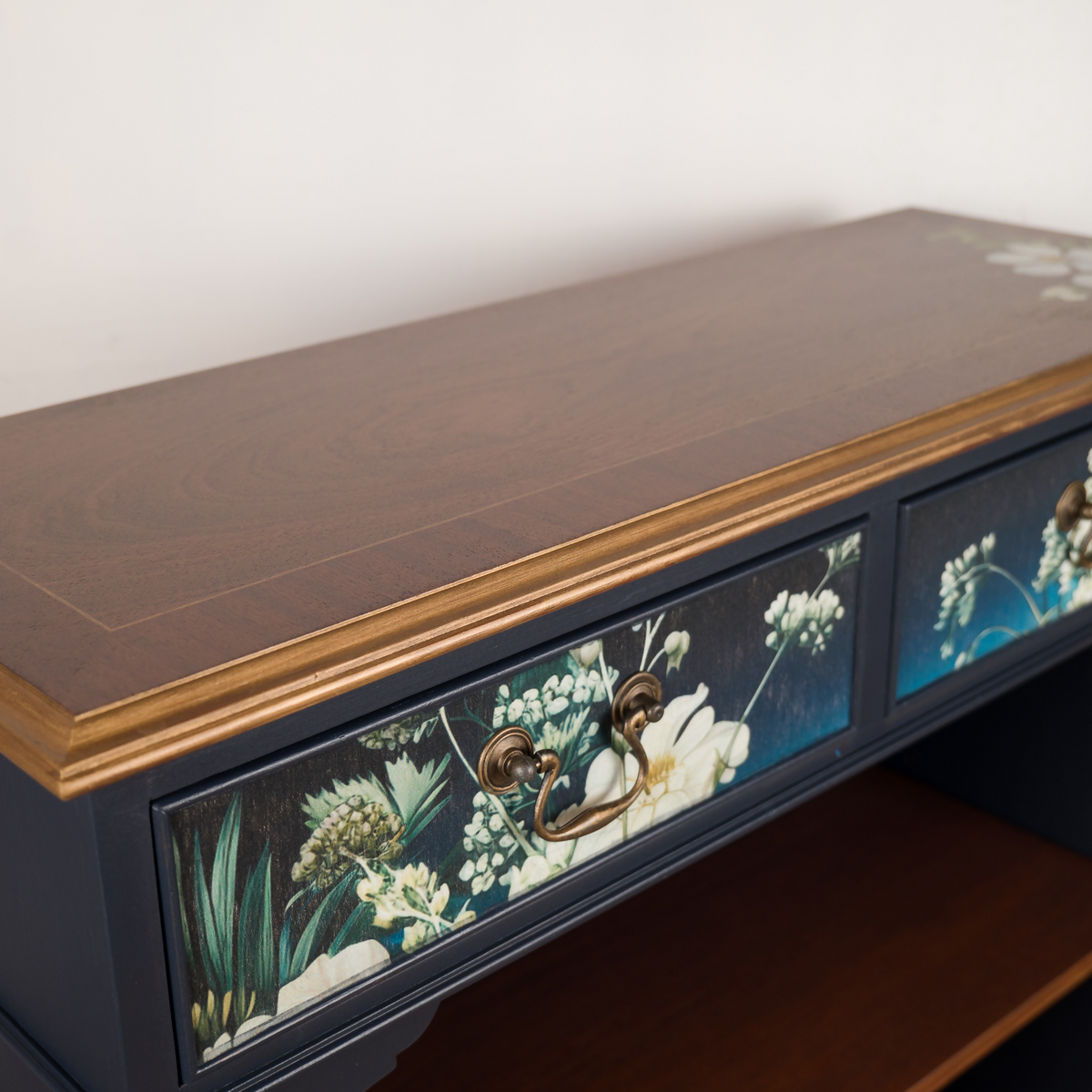 Upcycled Vintage Cabinet | Dark Navy Open Display Cabinet | Hand Painted Floral Furniture | Console Shelf