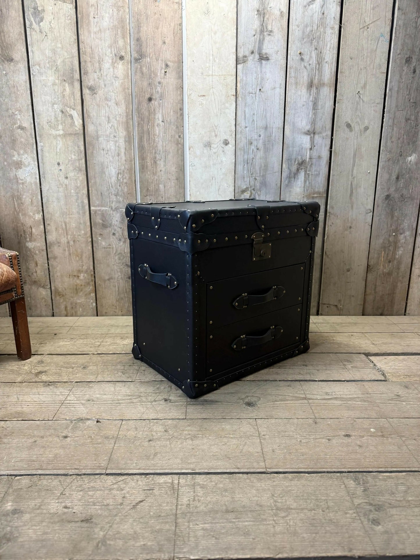 Leather 2 Draw Accent Blue Vintage Storage Trunk End Table