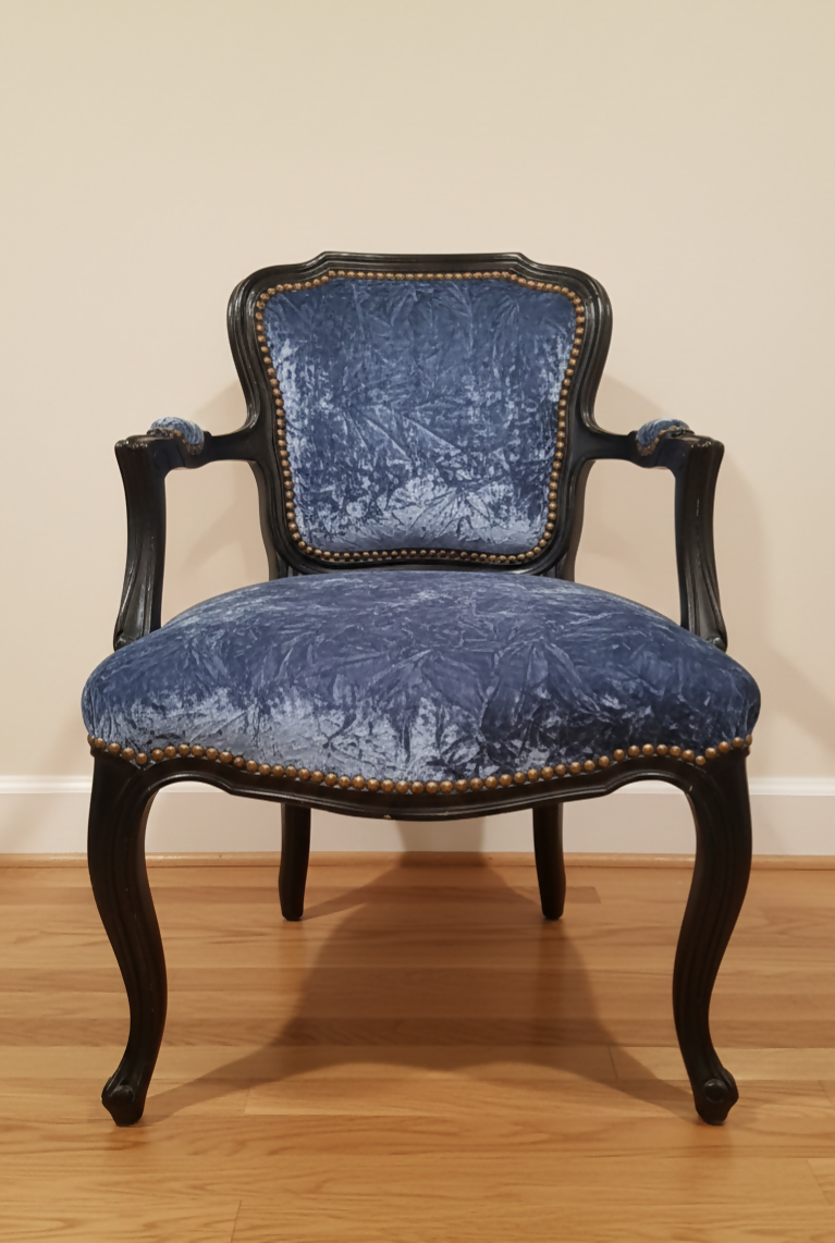 Louis XV Rococco Style Vintage Antique Chair Blue Crushed Velvet