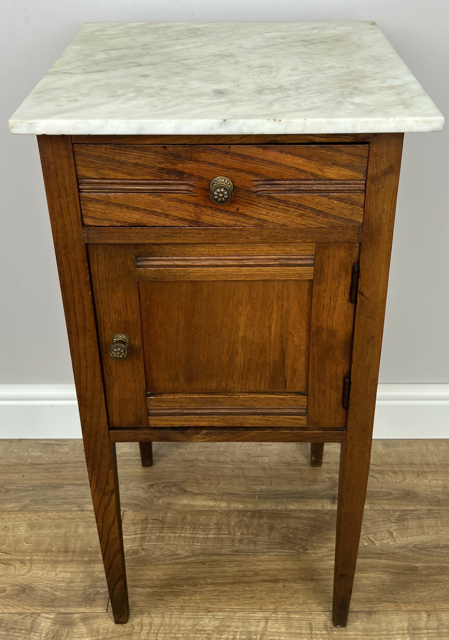 Bedside Table Antique French Style Marble Top Oak Cabinet Nightstand LOT 6245