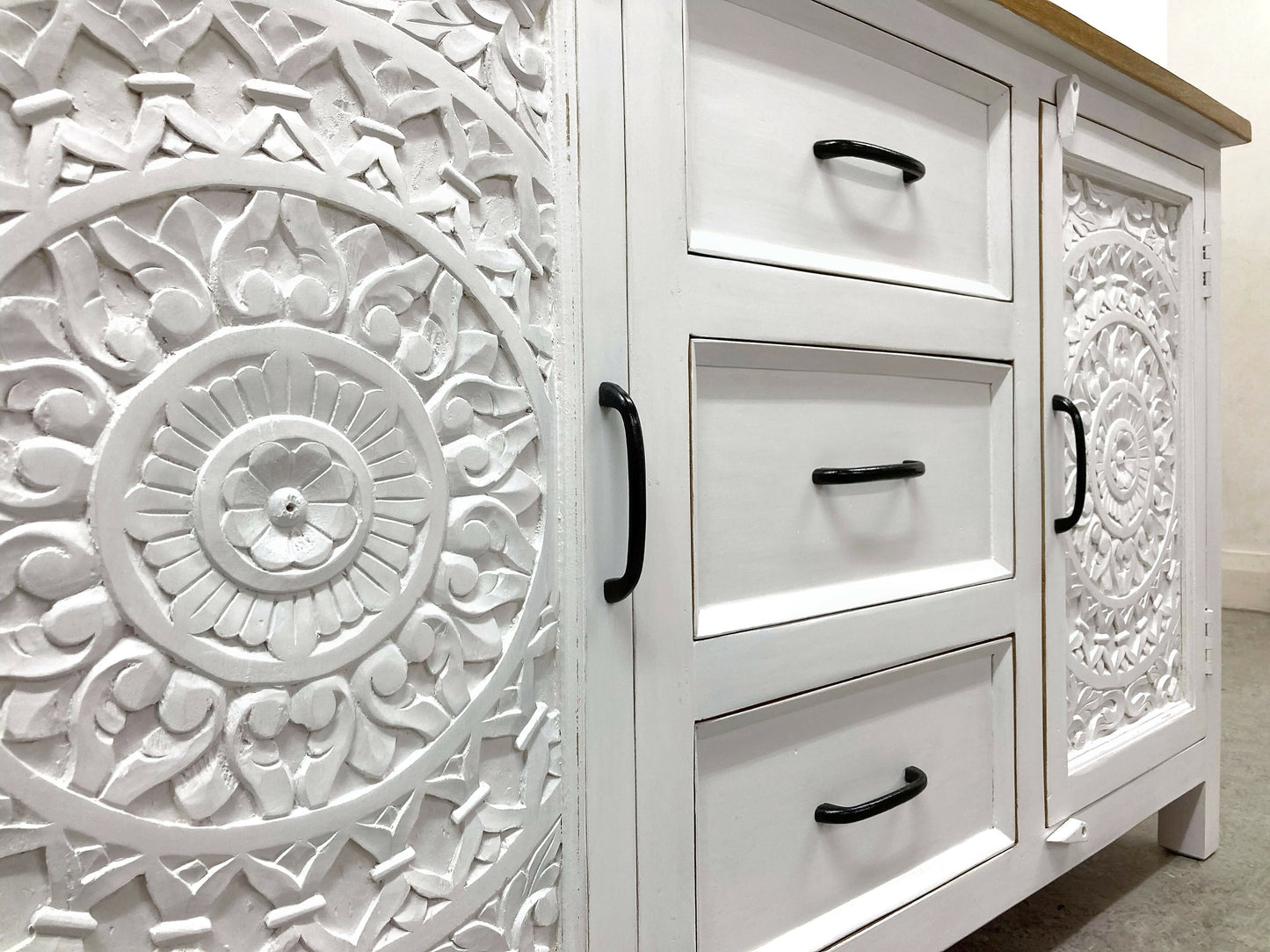 CARVED INDIAN SIDEBOARD. WHITE SIDEBOARD