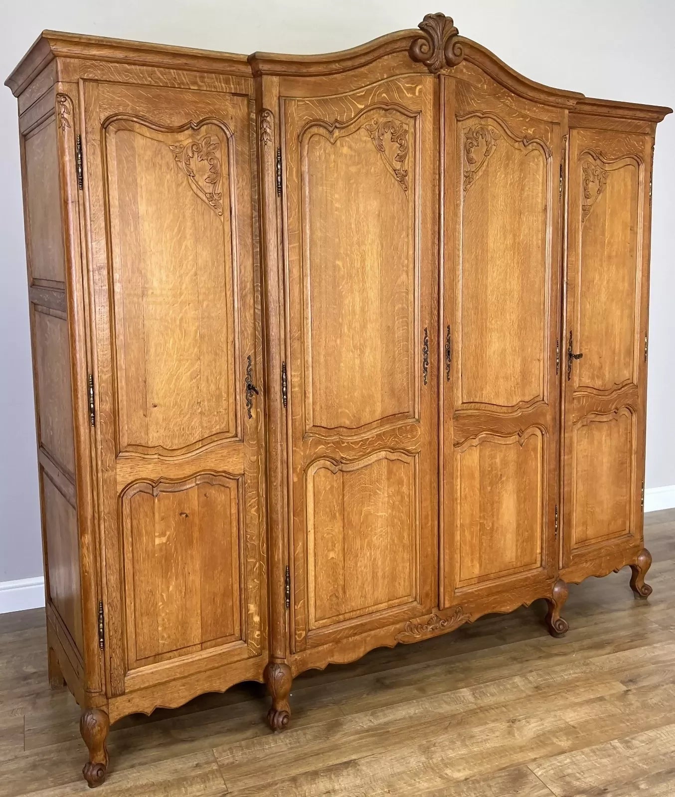 Wardrobe Vintage French Louis XVI Style Oak Four Door Carved Armoire LOT 6099