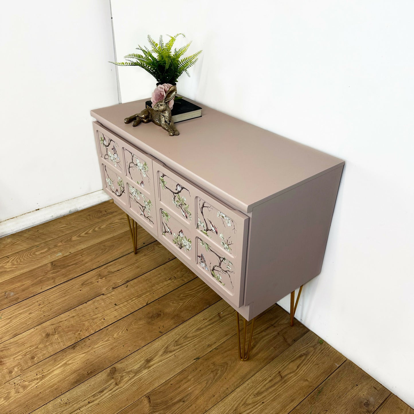 Refurbished Nathan sideboard, TV unit, pale dusky pink, blossom flight, birds, country cottage, mid century, vintage console table, cupboard