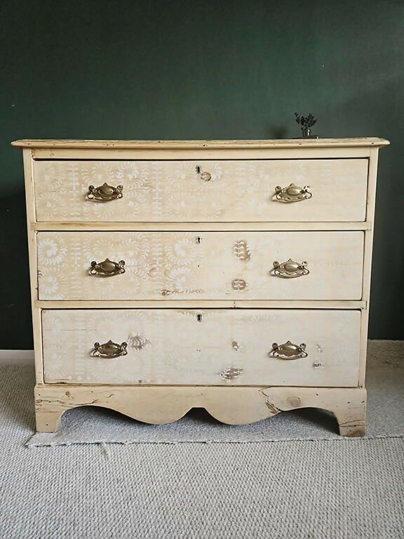 Antique Pine Chest of Drawers with stencils , three large drawers