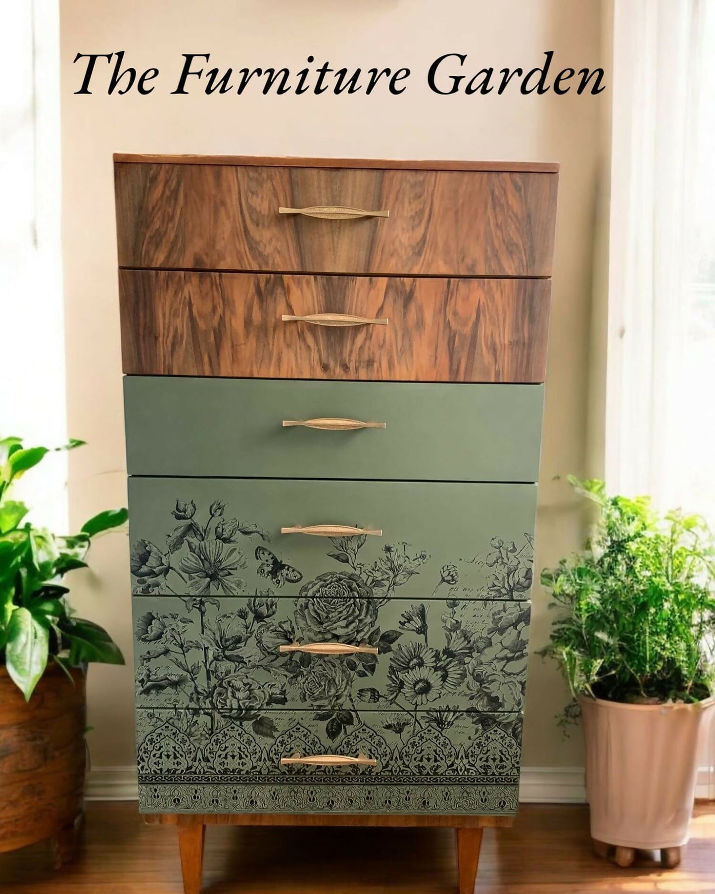 Mid Century Modern Teak Dresser: Olive Green Floral Transfer, 6-Drawer