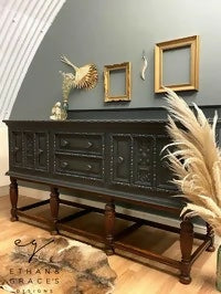 Vintage carved large dark grey & oak sideboard